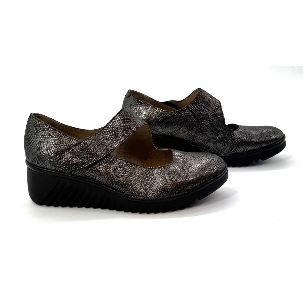 Fly London Metallic Snake Print Mary Jane Comfort Wedge Shoes EU 42 US 10.5 - 11